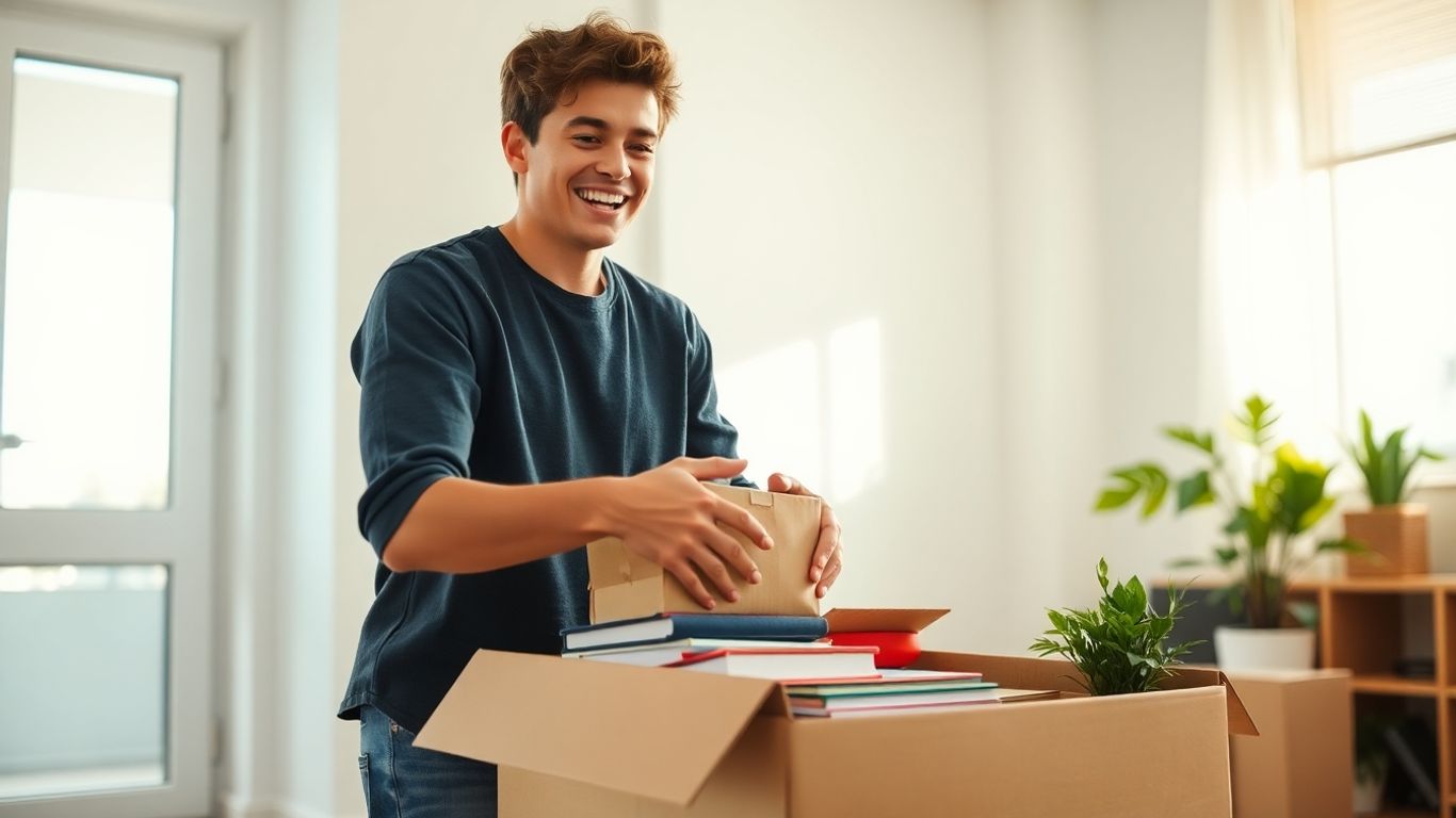 Inquilino empacando pertenencias en un apartamento moderno.