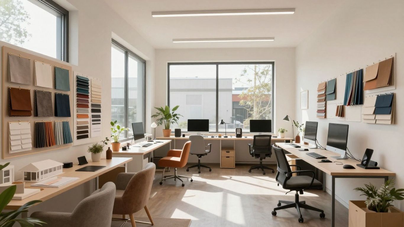 Interior design studio with mood boards and models.