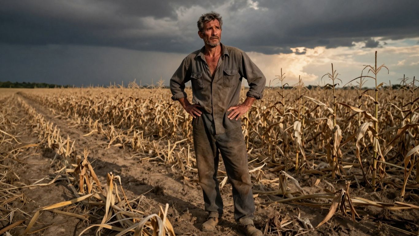 Farmer in dry field facing crisis.