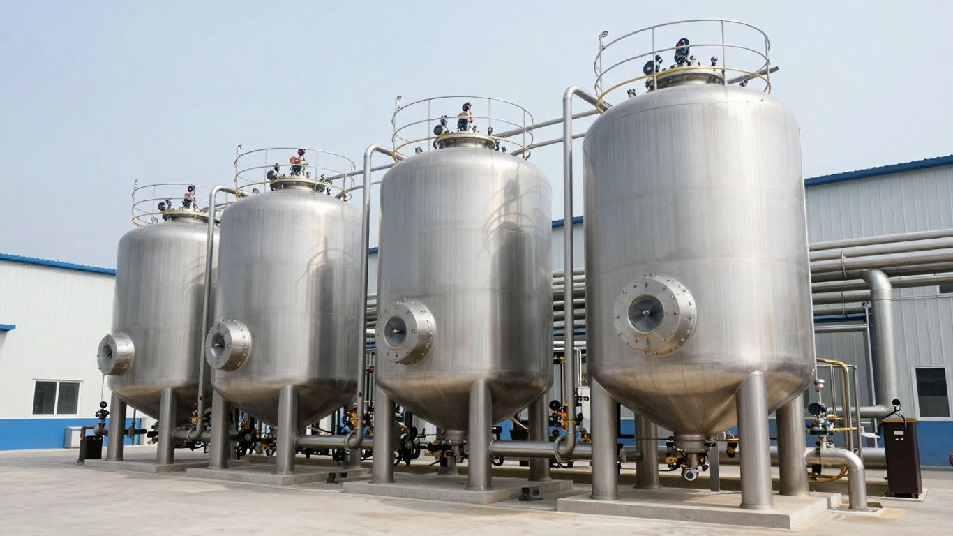 Industrial sludge handling system with pipes and tanks.