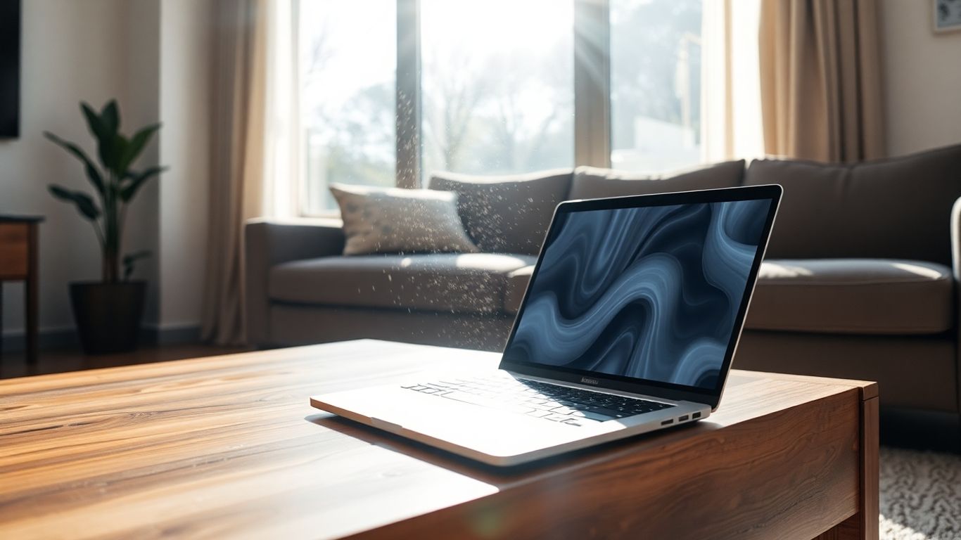 Sala de estar moderna con portátil y luz solar.
