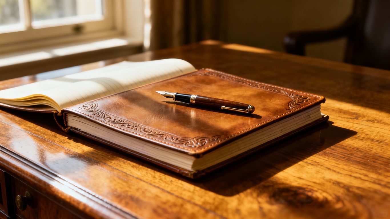 Wooden desk with ledger and fountain pen.