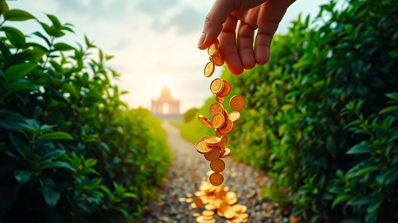 Golden coins falling, leading to a building.