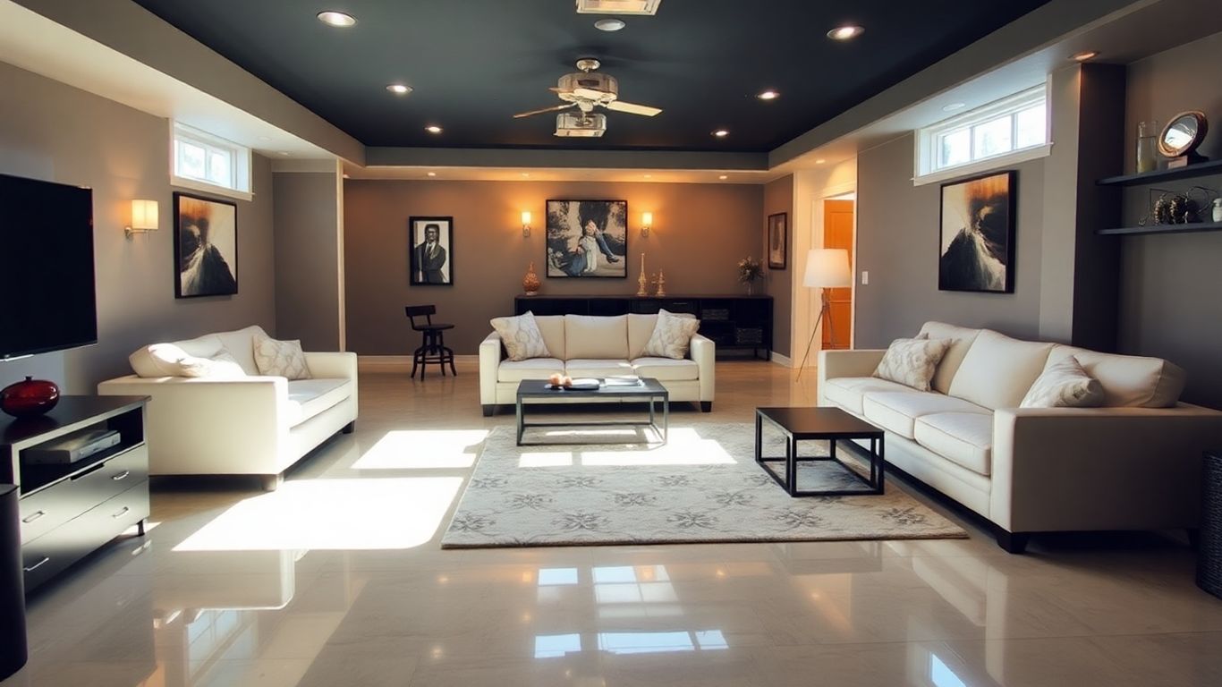 Finished basement living area with seating and warm lighting.