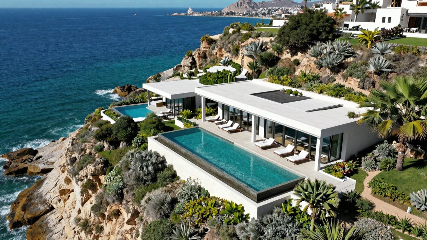 Luxurious eco-villa with infinity pool overlooking Cabo San Lucas ocean.