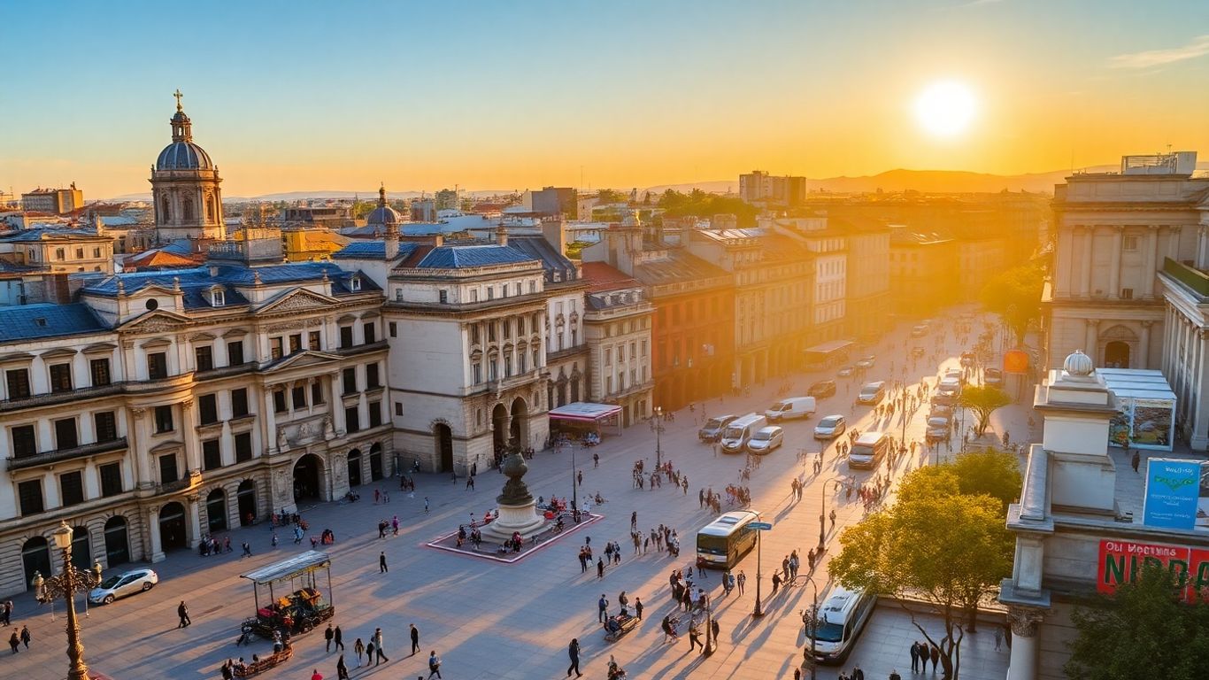 Madrid cityscape with historic and modern buildings.