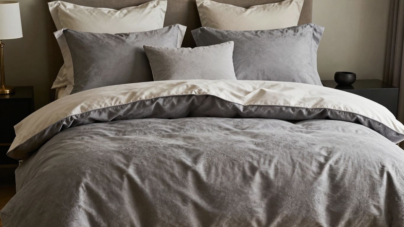 Ann Gish bedding set on a bed with plush pillows.