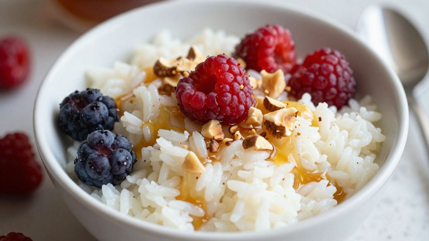 Sweet breakfast rice bowl with berries and honey.
