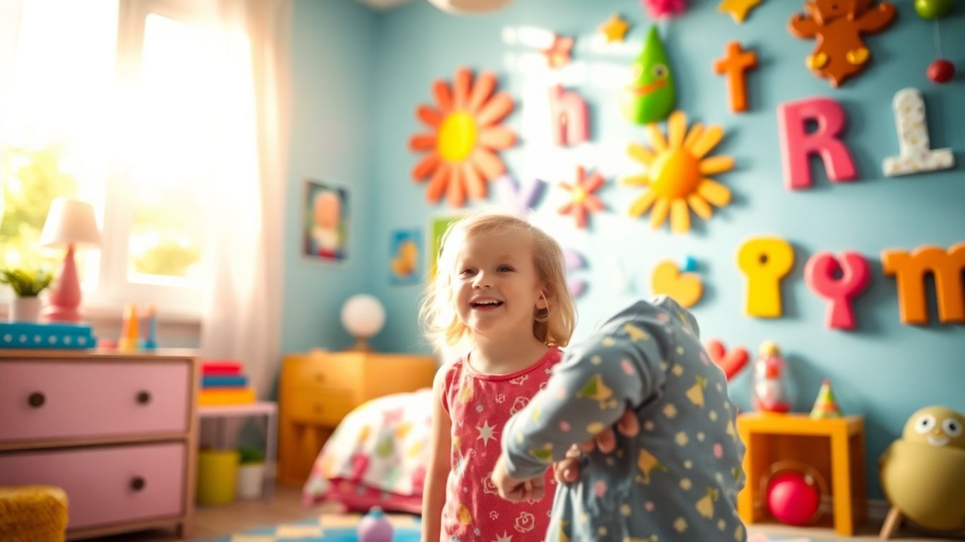 Child happily looking at colorful birthday wall art in a bright room.