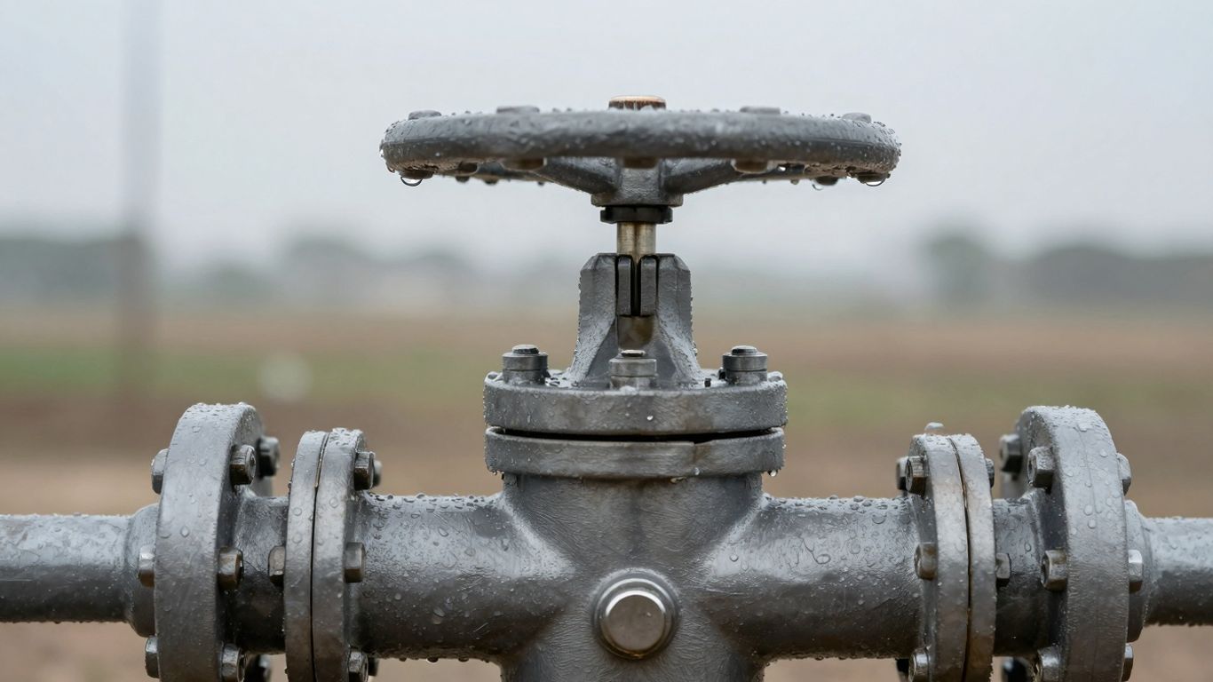Close-up of a well seal with water droplets.