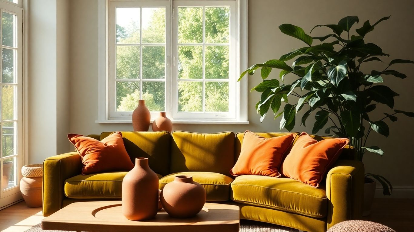 Earthy living room with green sofa and plants.