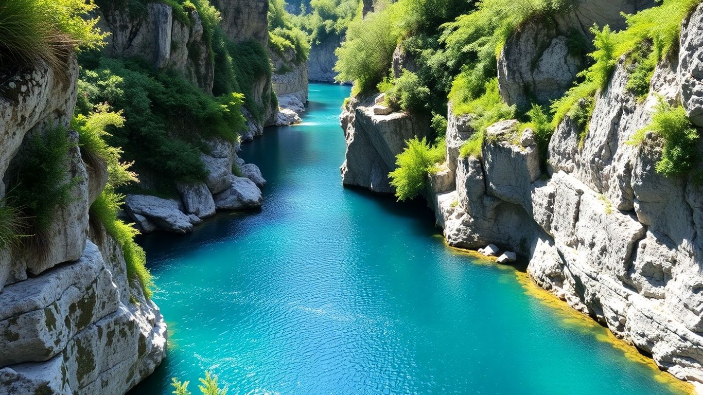 Cheile Nerei, apa turcoaz, stânci verzi, peisaj natural