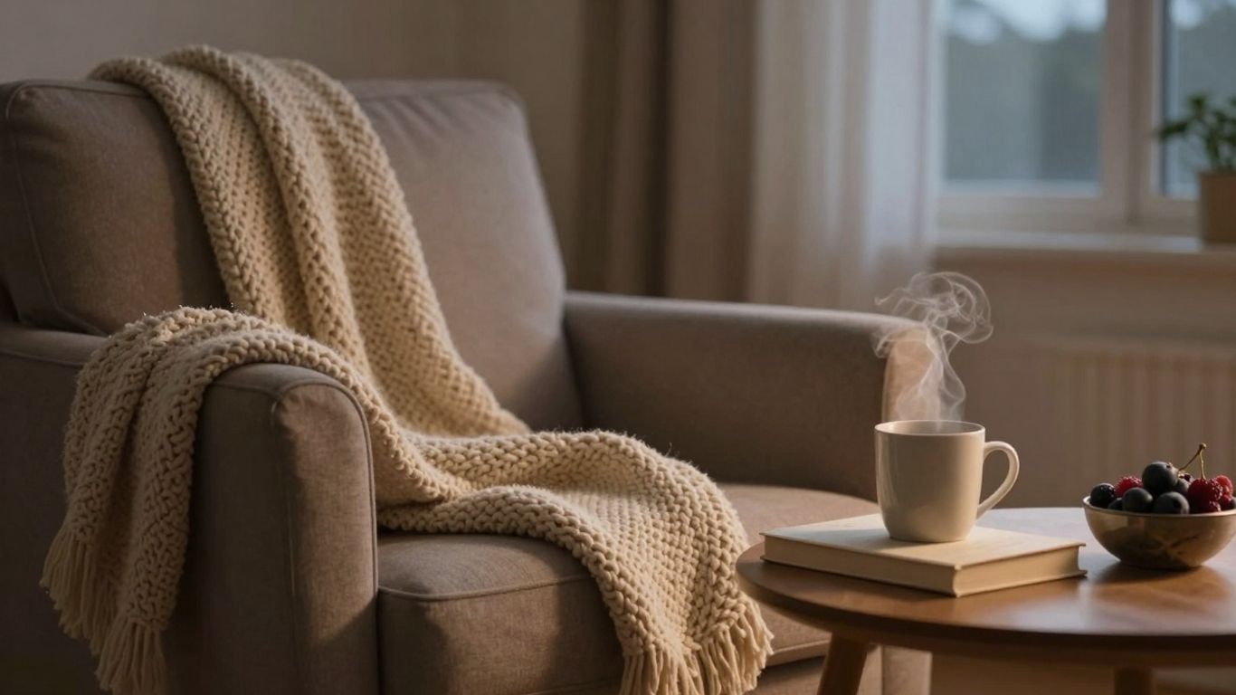 Cozy evening scene with a blanket, book, and warm drink.