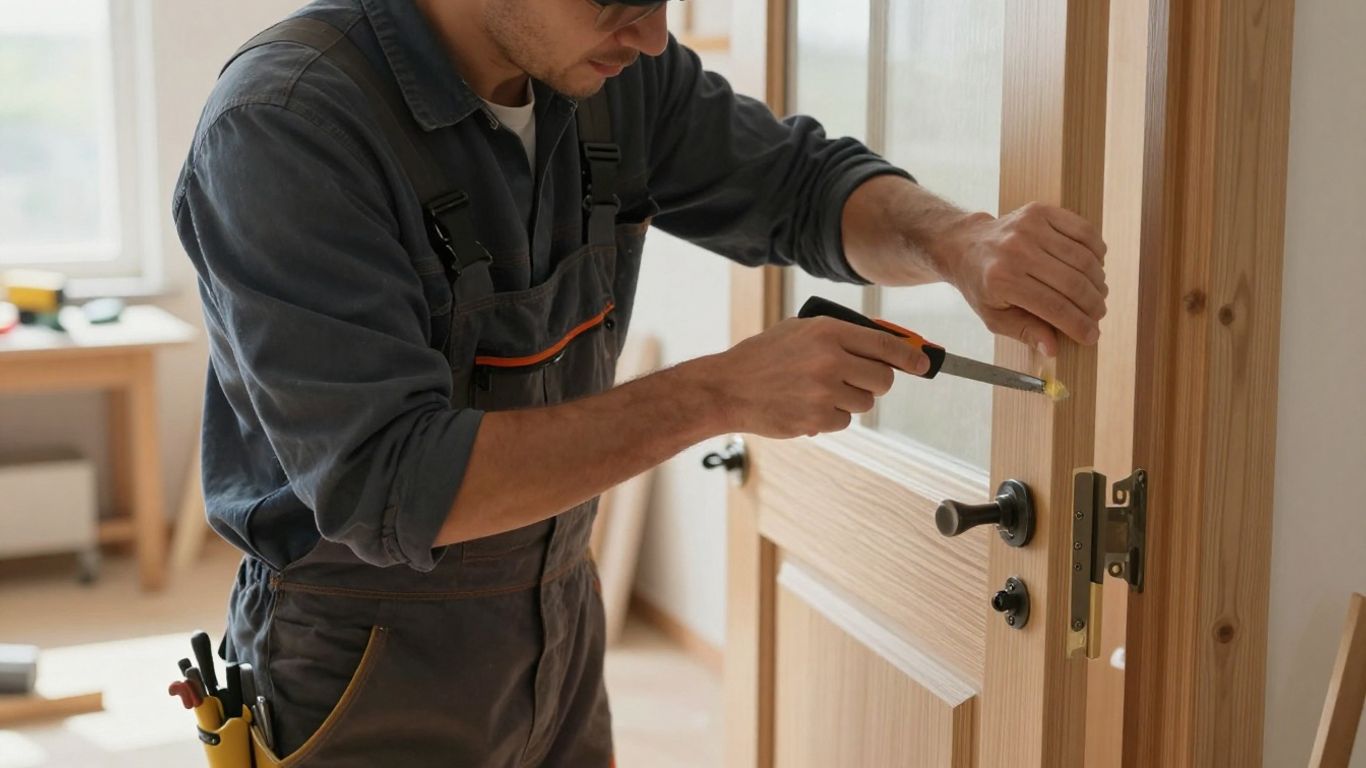 Menuisier professionnel réparant une porte en bois avec des outils.