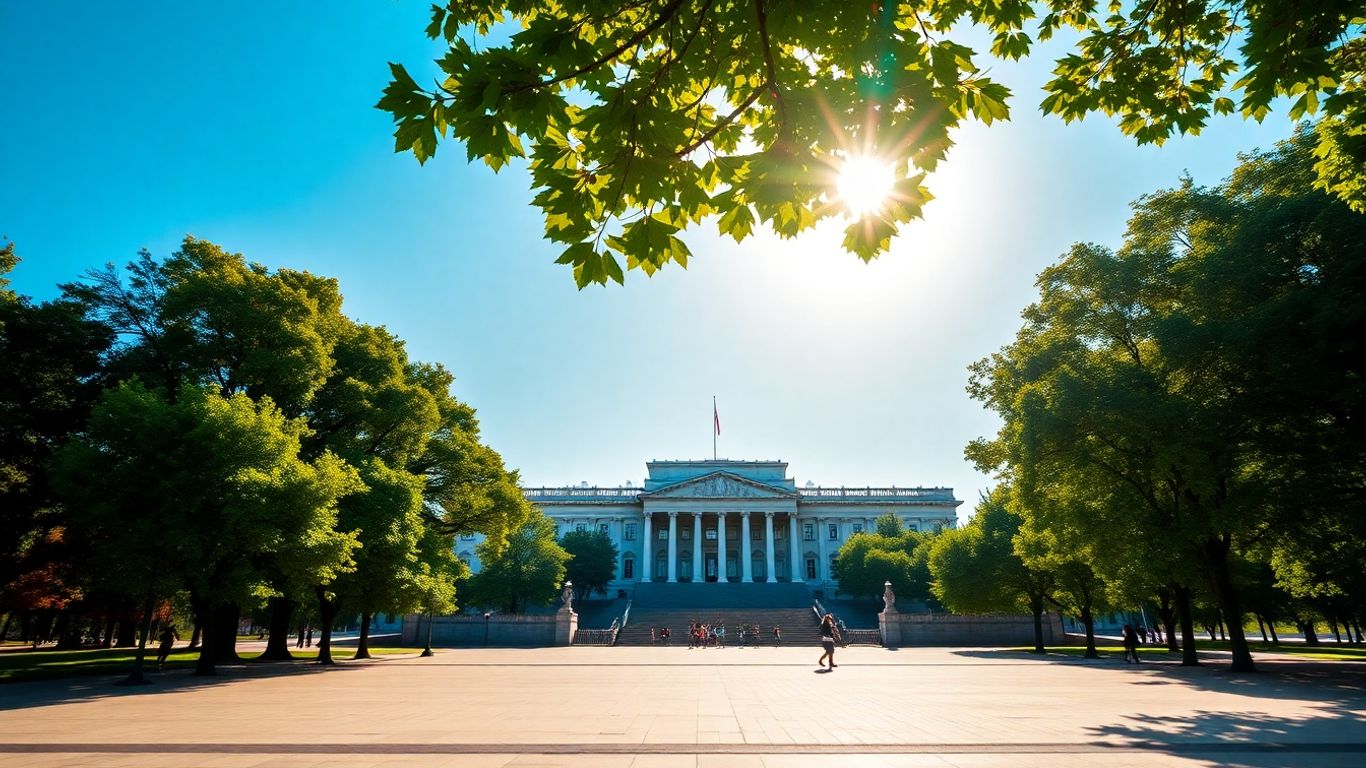 Pałac Kultury i Nauki w Warszawie w słoneczny dzień.