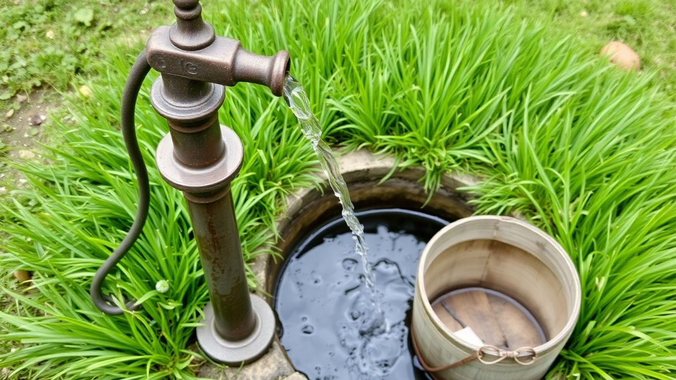 Hand pump drawing water from a well.