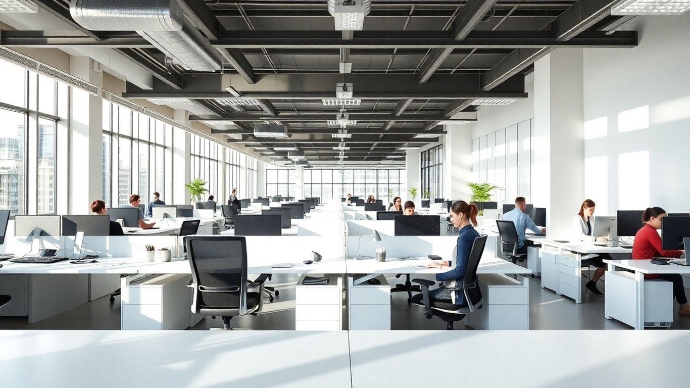 Moderne Büroräume mit organisierten Arbeitsplätzen