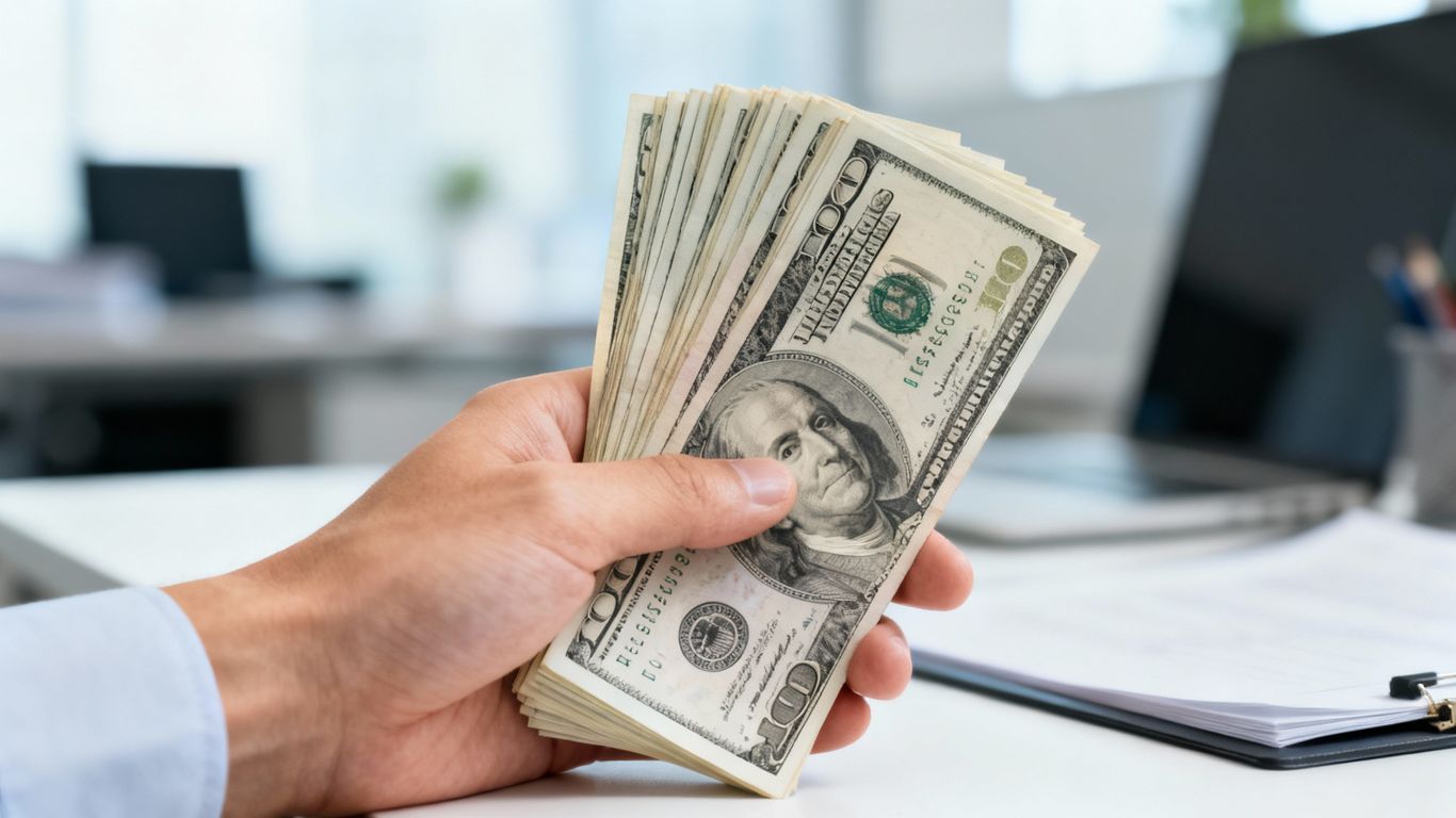 Dollar bills and a calculator on a desk.