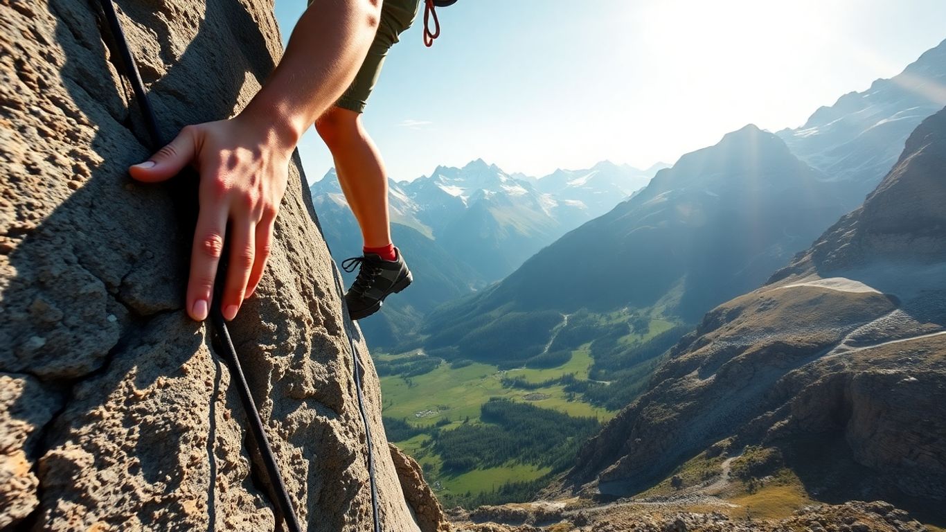 Climber on rocky mountain face in Valais.