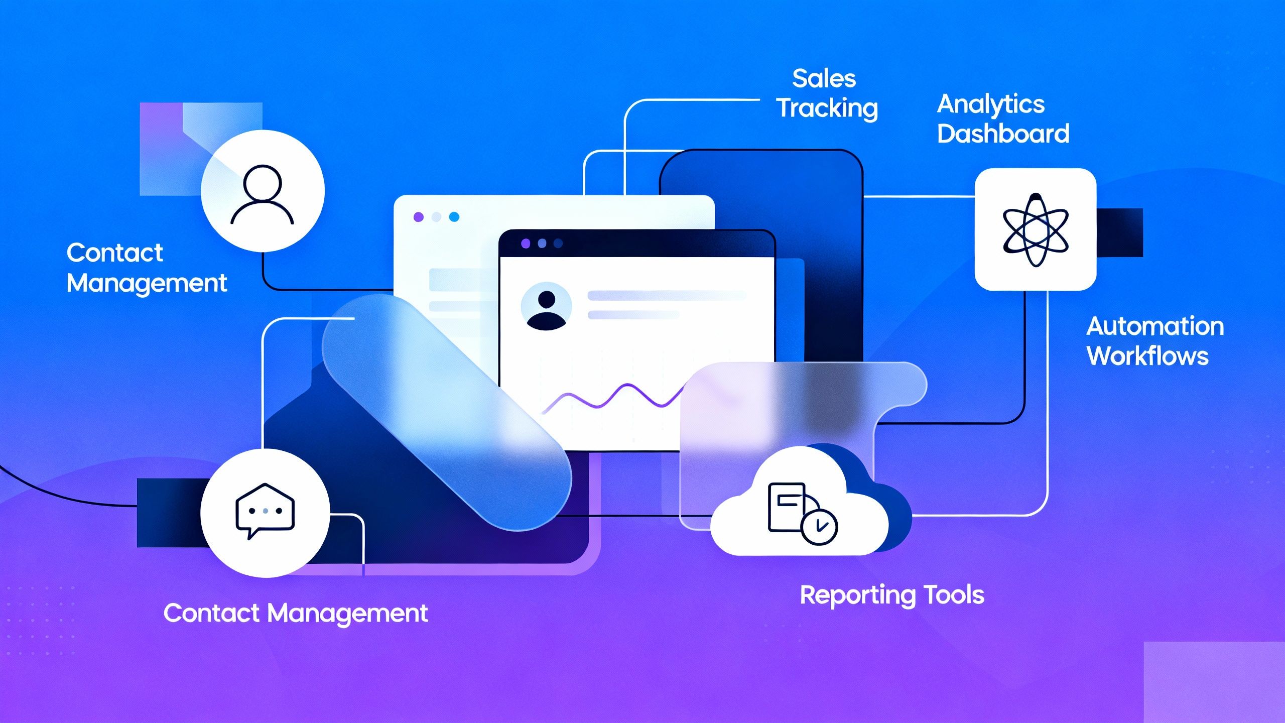 Abstract illustration of different digital CRM tools and features