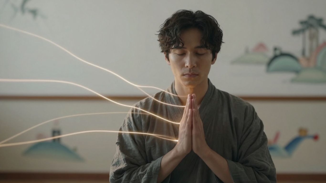 Person meditating with flowing energy lines