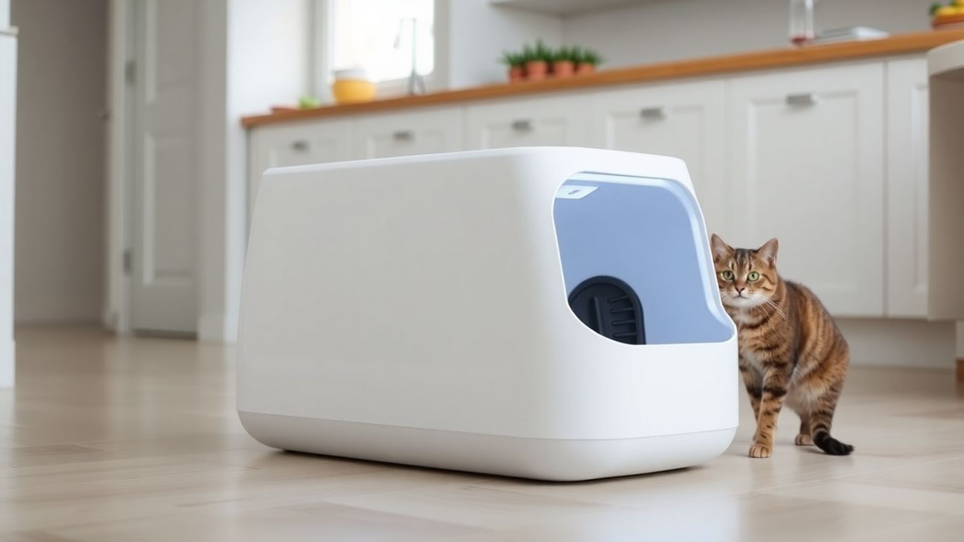 Smart cat litter box with a cat nearby.