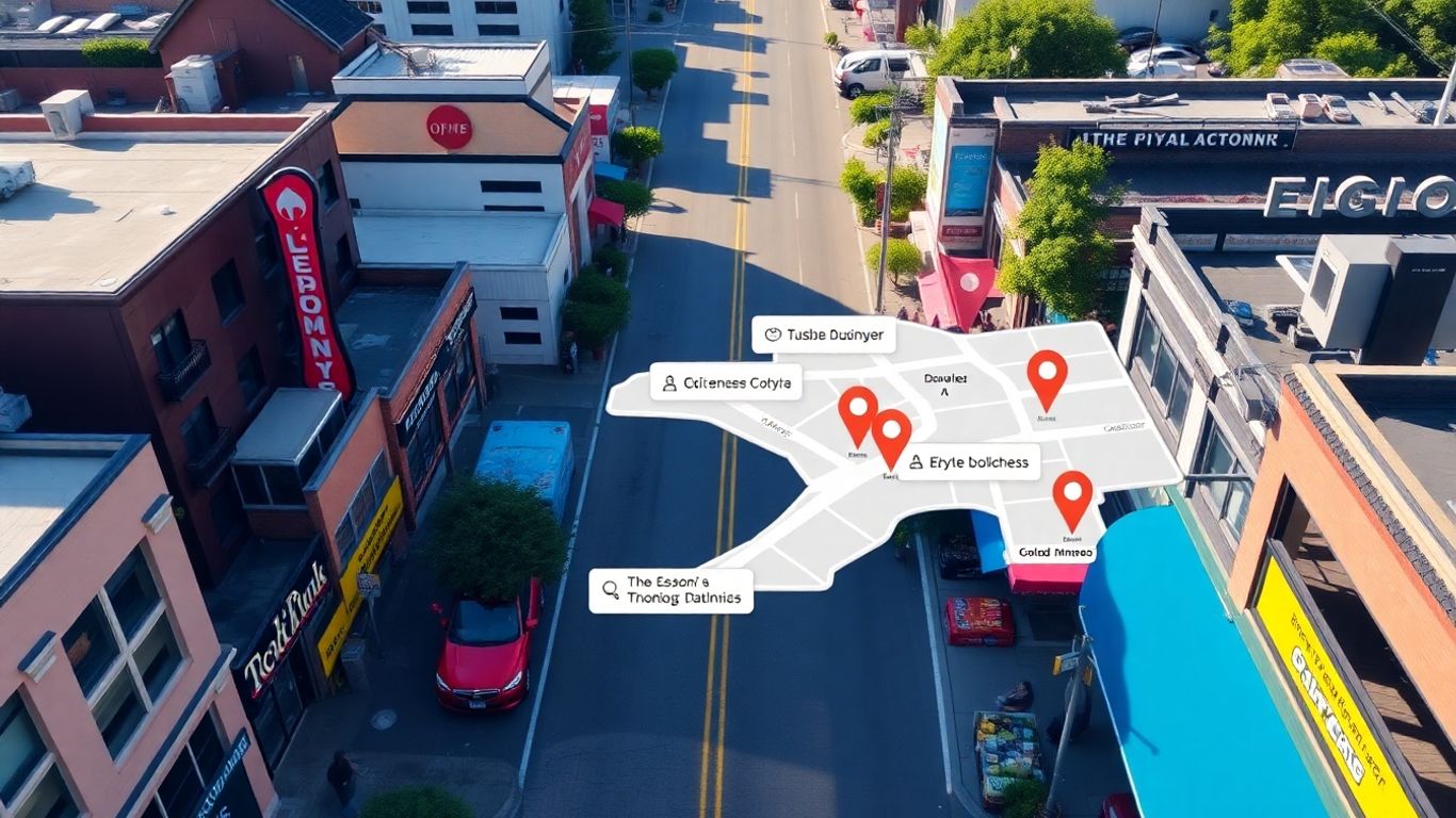 City map with highlighted local businesses and service areas.