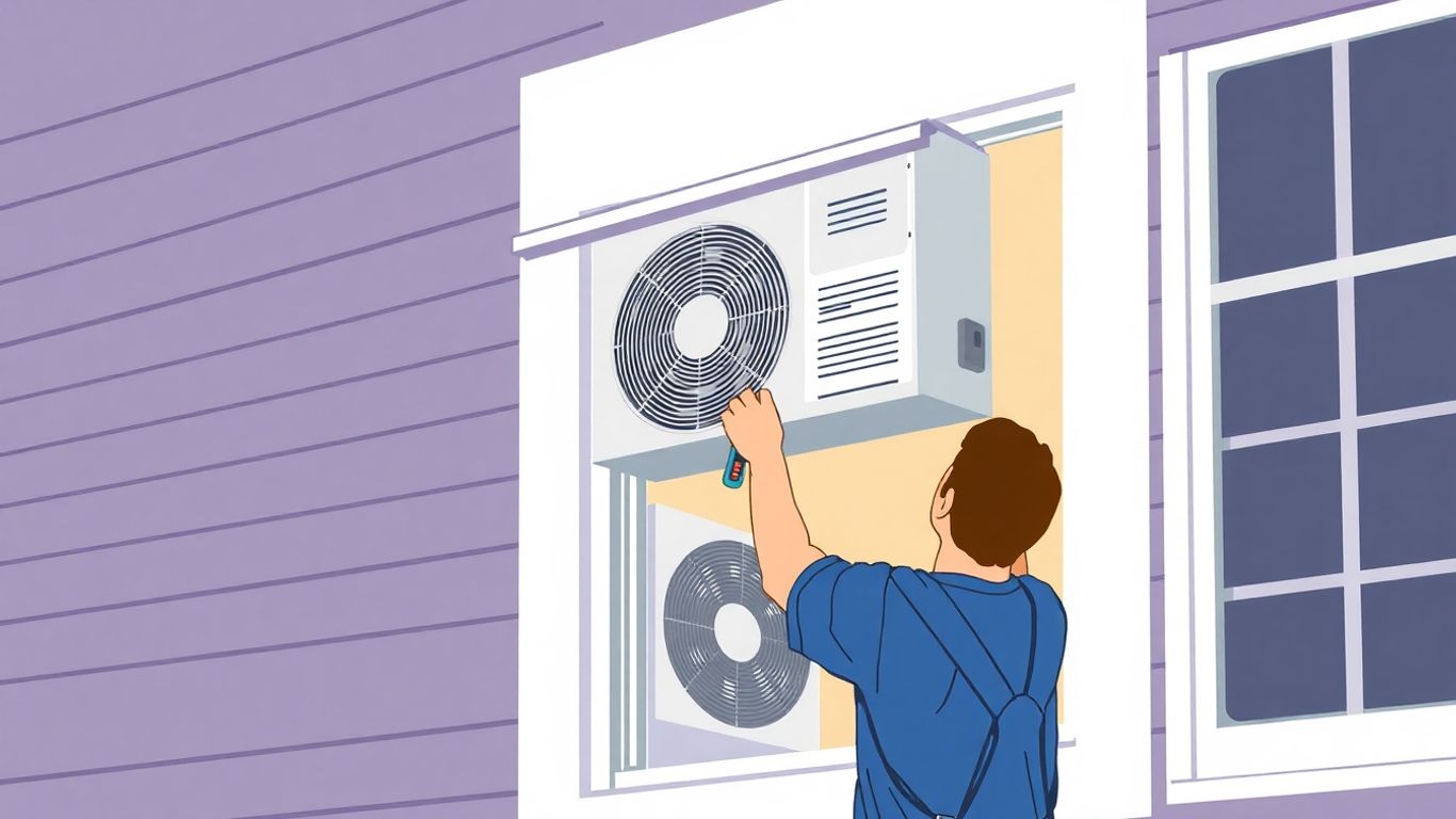 Techniker installiert Klimaanlage an einer Hauswand.