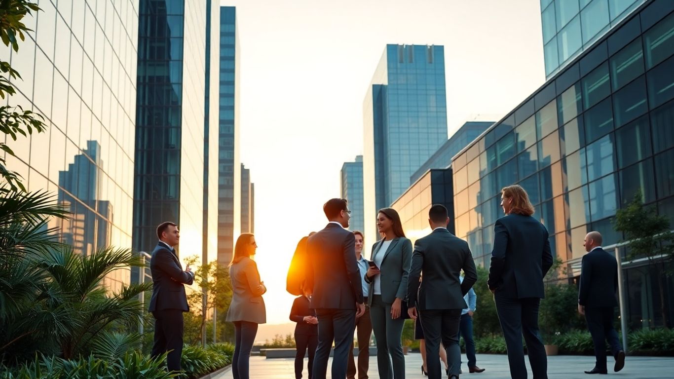 Business professionals outside modern offices at sunrise
