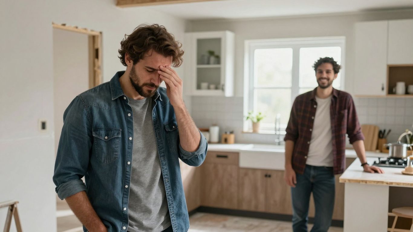 Homeowner looking regretful versus happy in renovated kitchen.