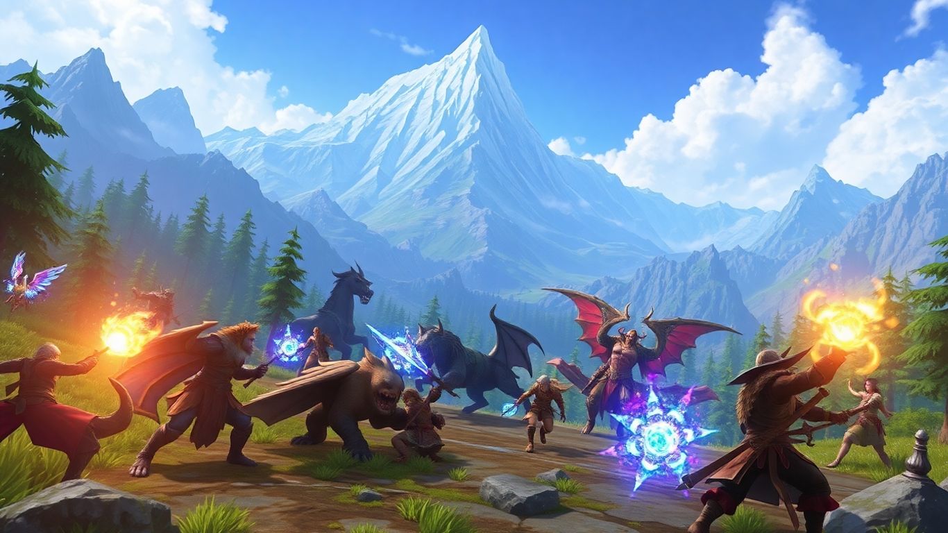 Fantasy characters battling in a vibrant online RPG world.