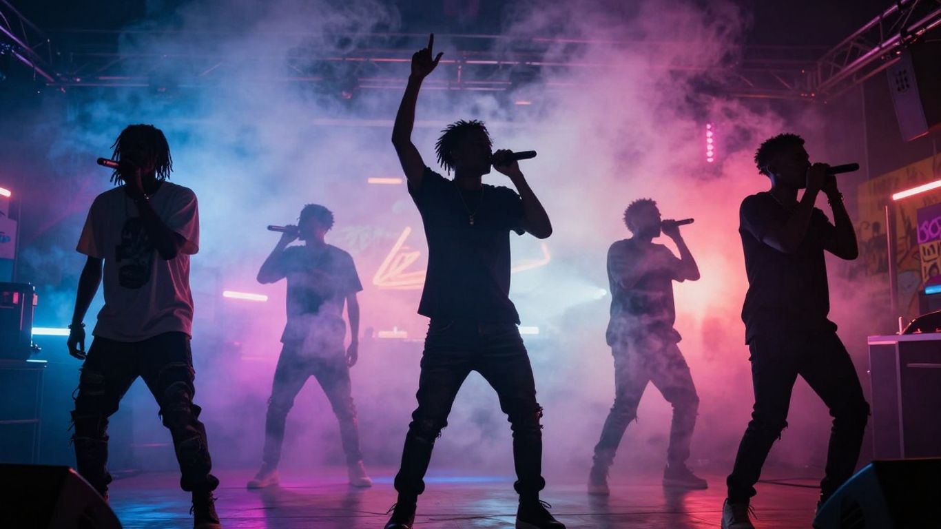 R&B Trap artists performing on a neon-lit stage.