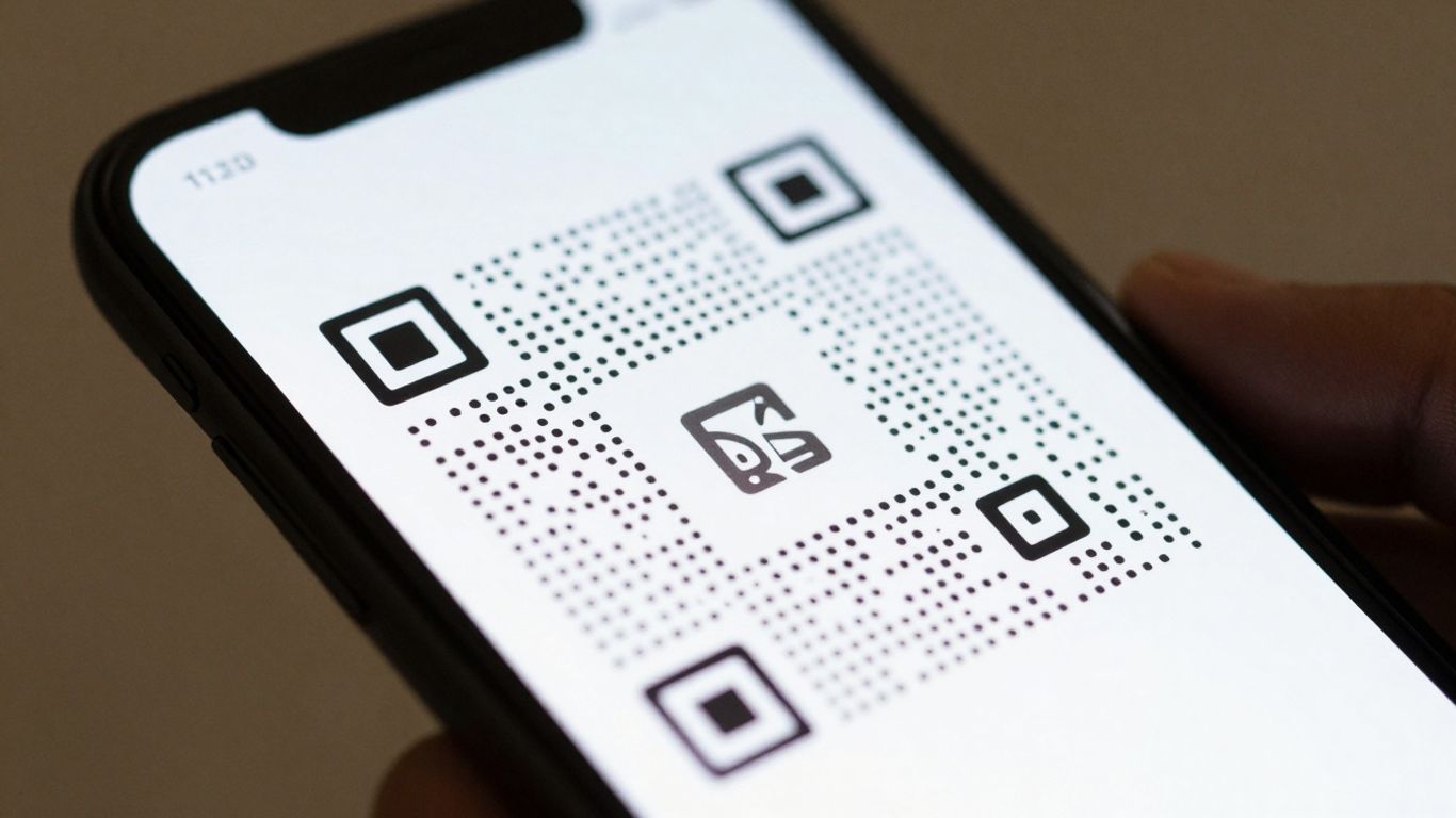 Smartphone displaying a custom Facebook QR code with logo.