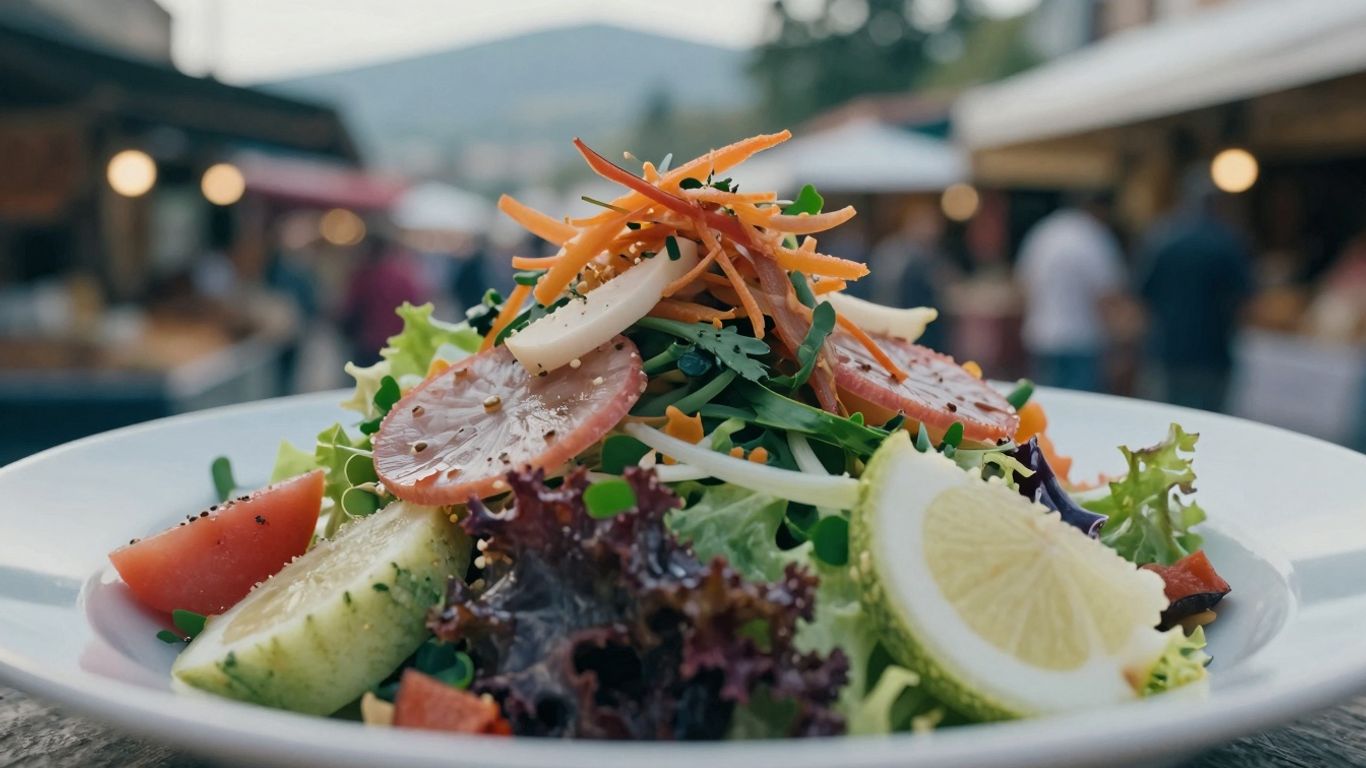 Mâncare gourmet pe o masă, cu peisaj în fundal.