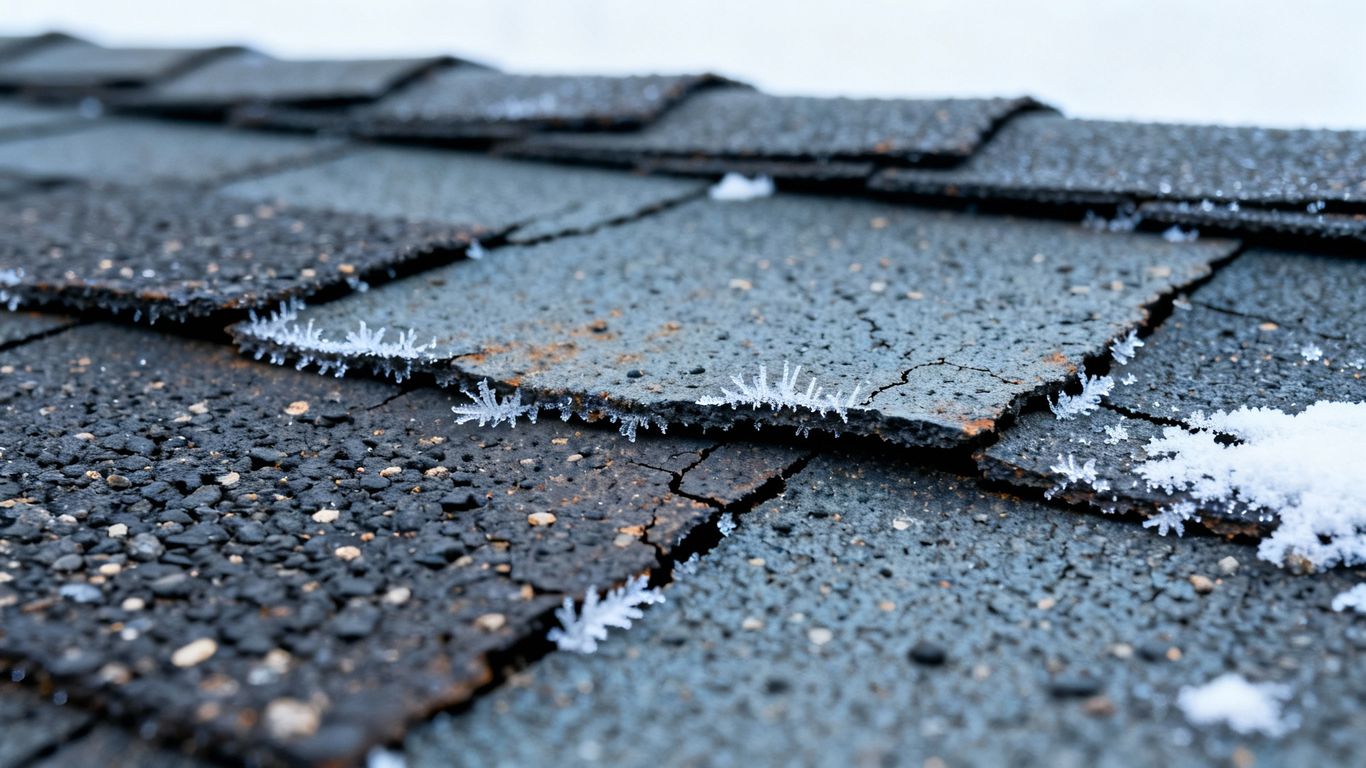 Cold weather asphalt shingles on a rooftop.