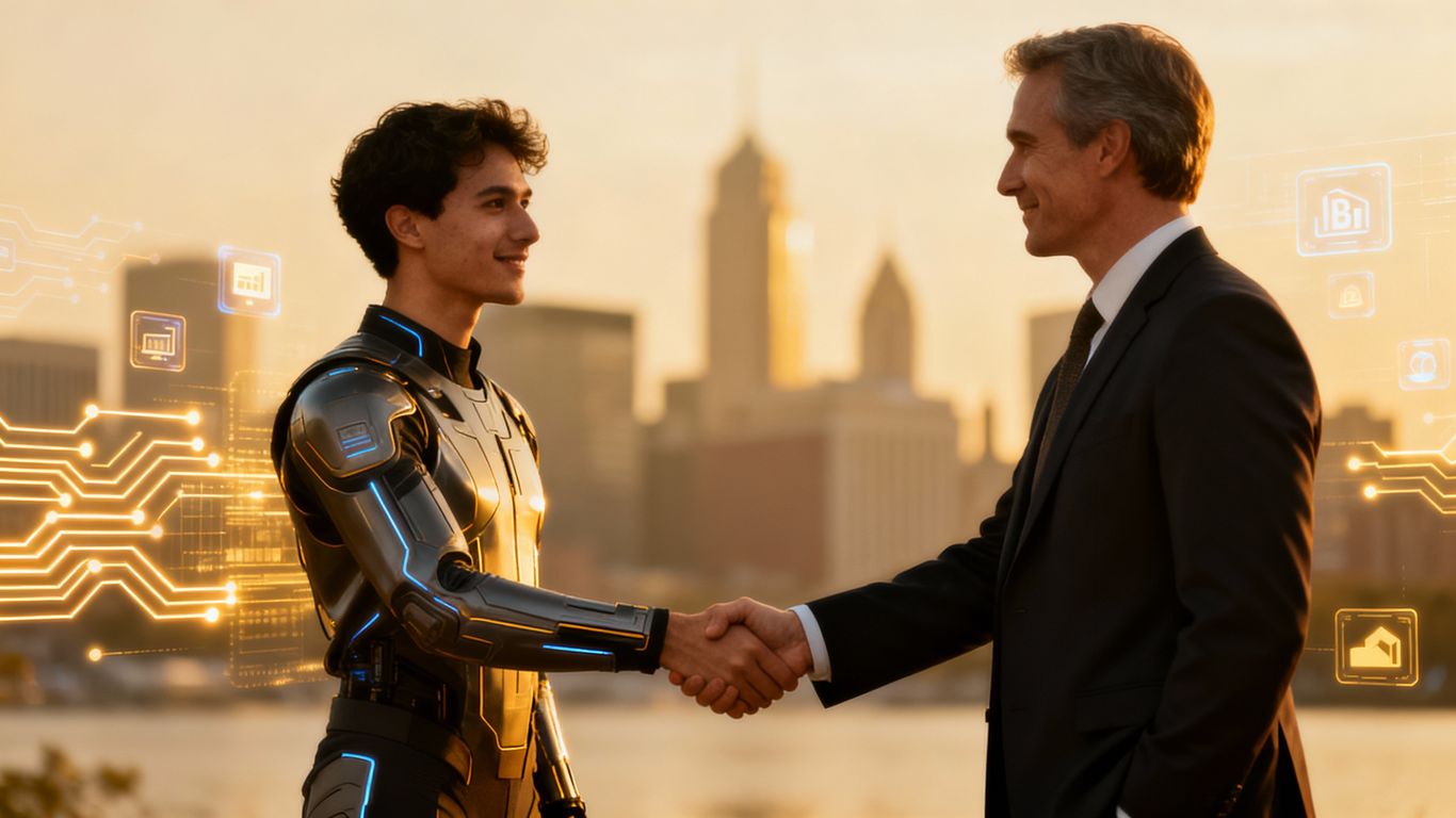 Handshake with Boston skyline background.