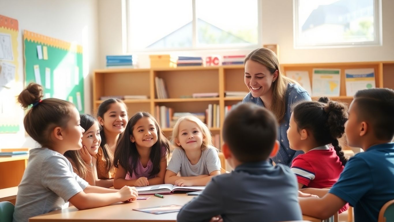 Teacher helping students in a bright classroom.