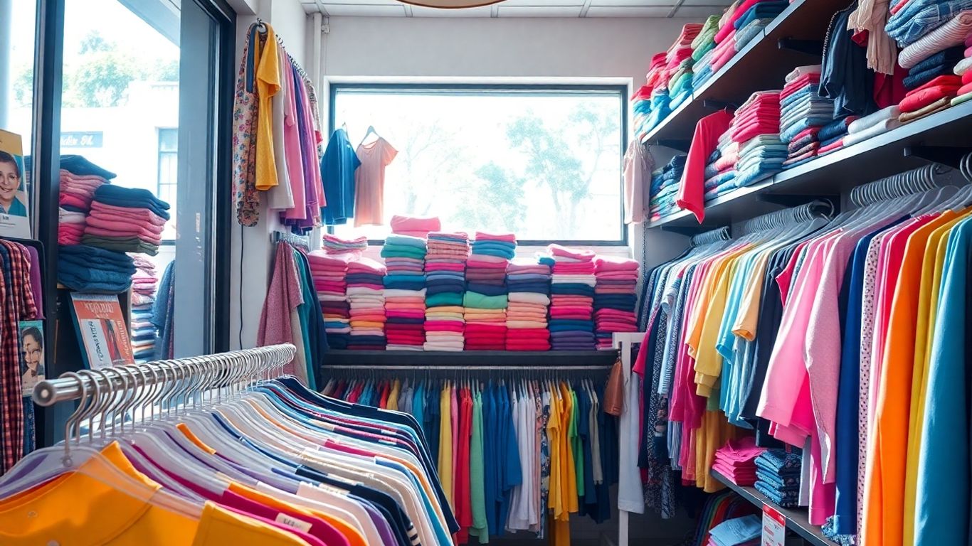 Colorful clothing racks and shelves filled with merchandise.