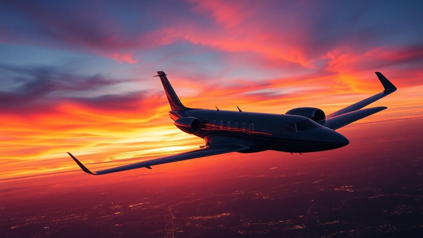 Private jet flying through a colorful sunset sky.