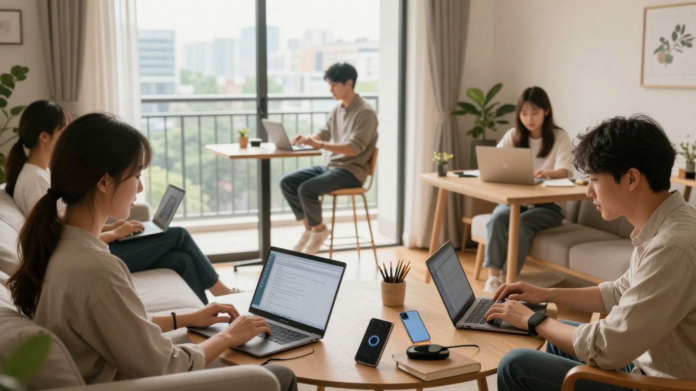 People working remotely from home offices and living spaces.