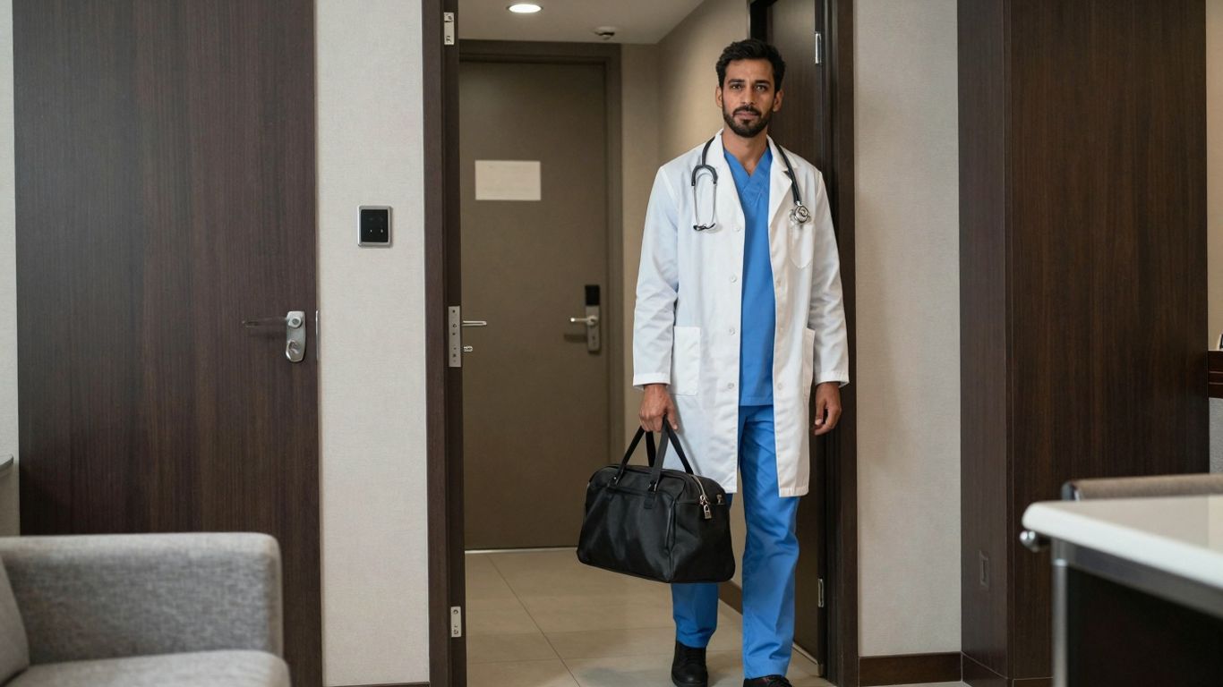 Doctor arriving at a hotel room for a visit.