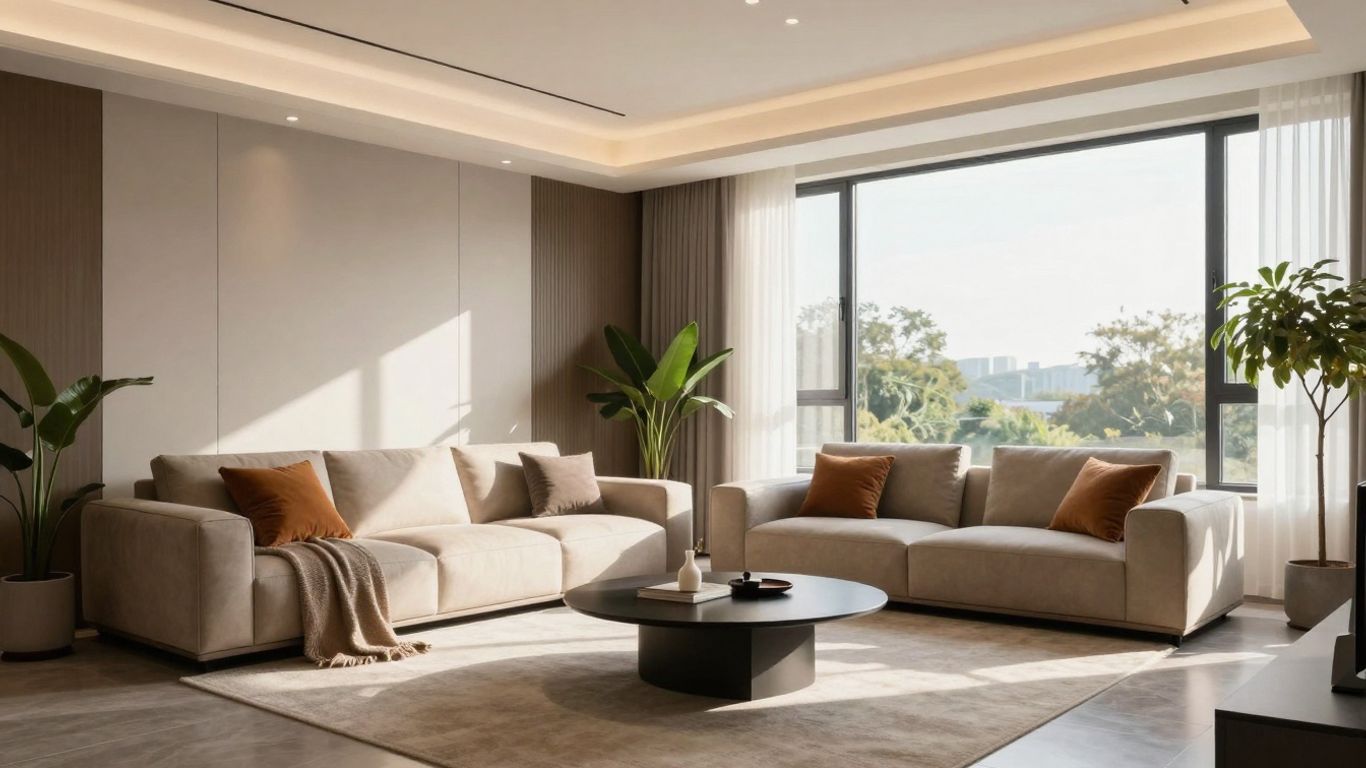 Modern living room interior with sunlight and plants.