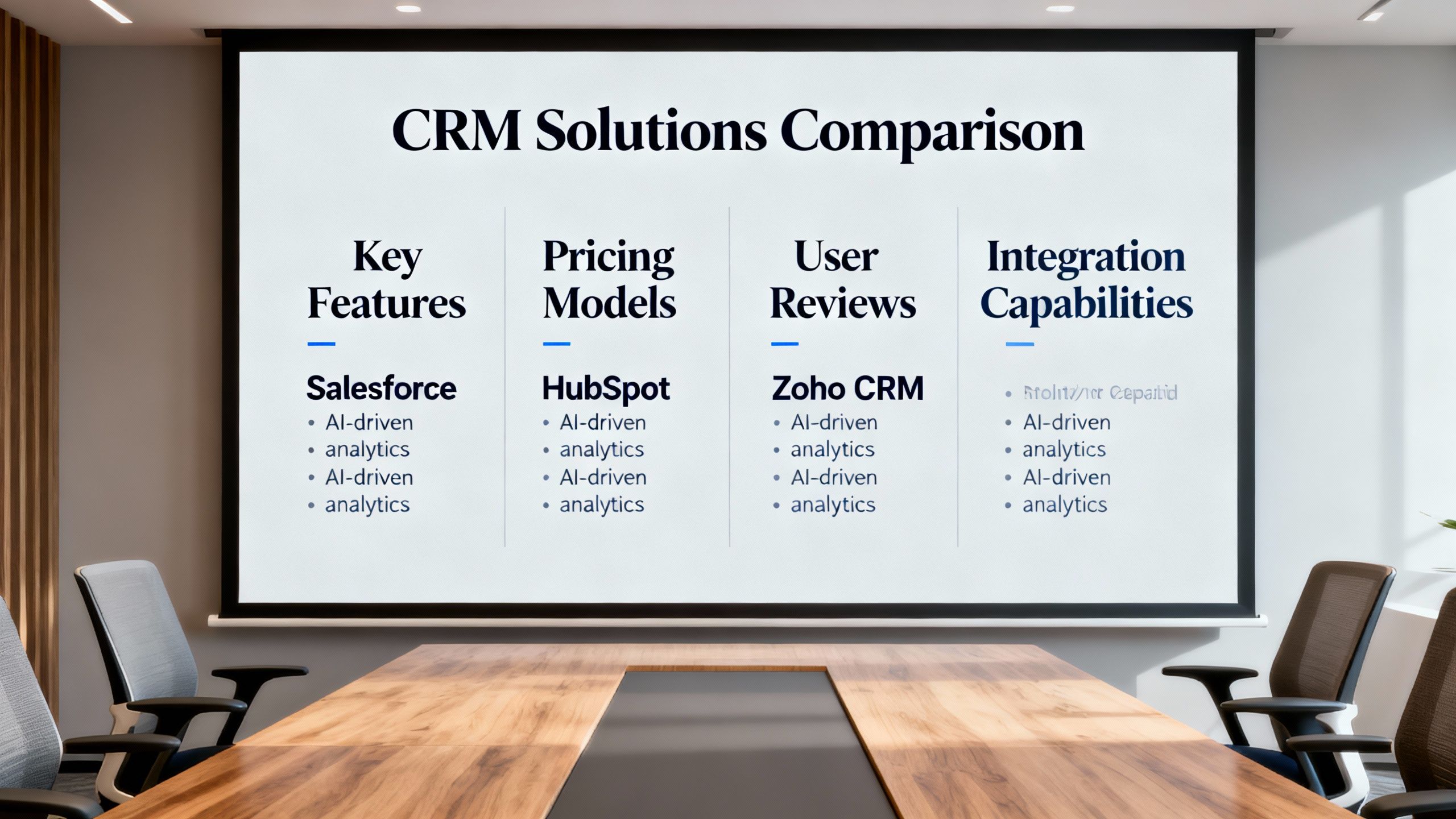 Comparison chart of CRM solutions displayed on a large screen in a meeting room