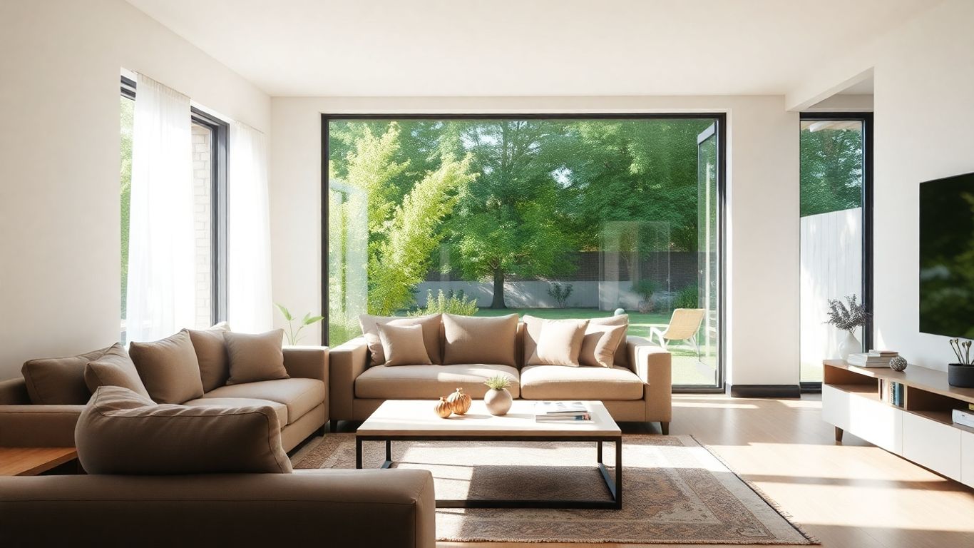 Sala de estar luminosa con vista al jardín.