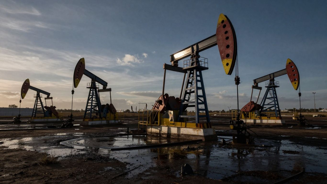 Câmp petrolier vast cu instalații de extracție.