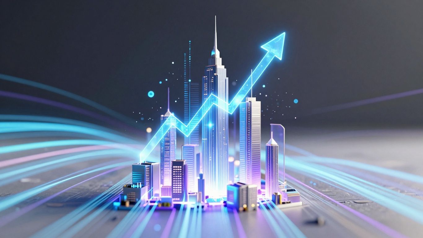 Futuristic cityscape with digital streams and geometric growth shapes.