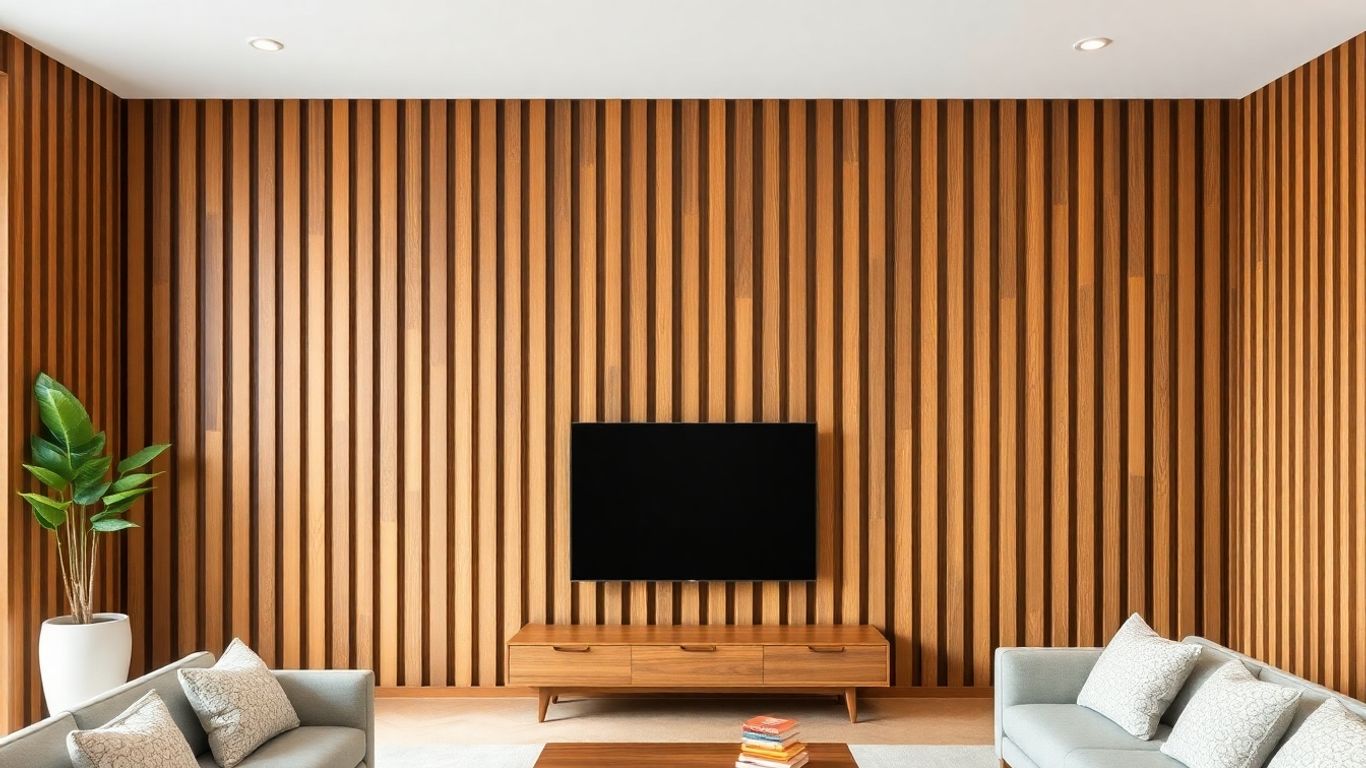 Wood slat feature wall in a modern living room.