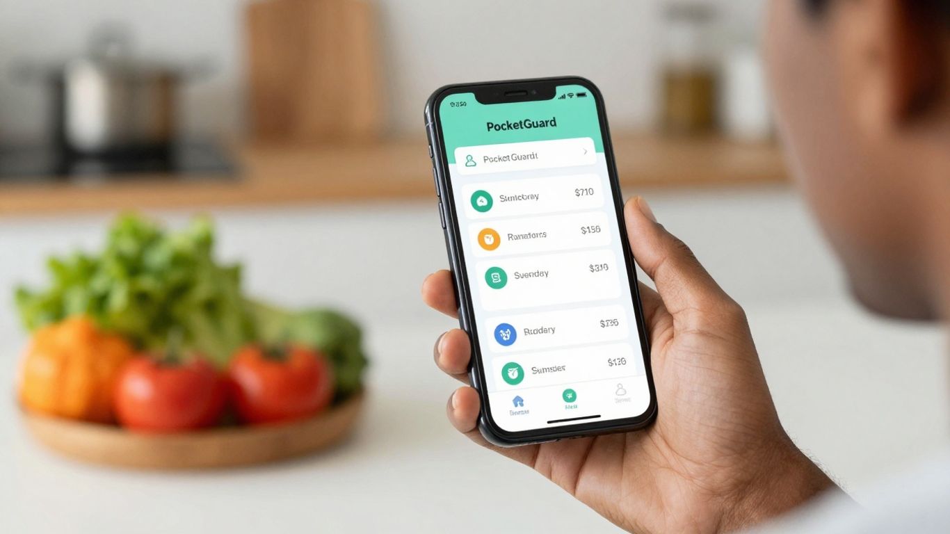 PocketGuard app on a smartphone with groceries.