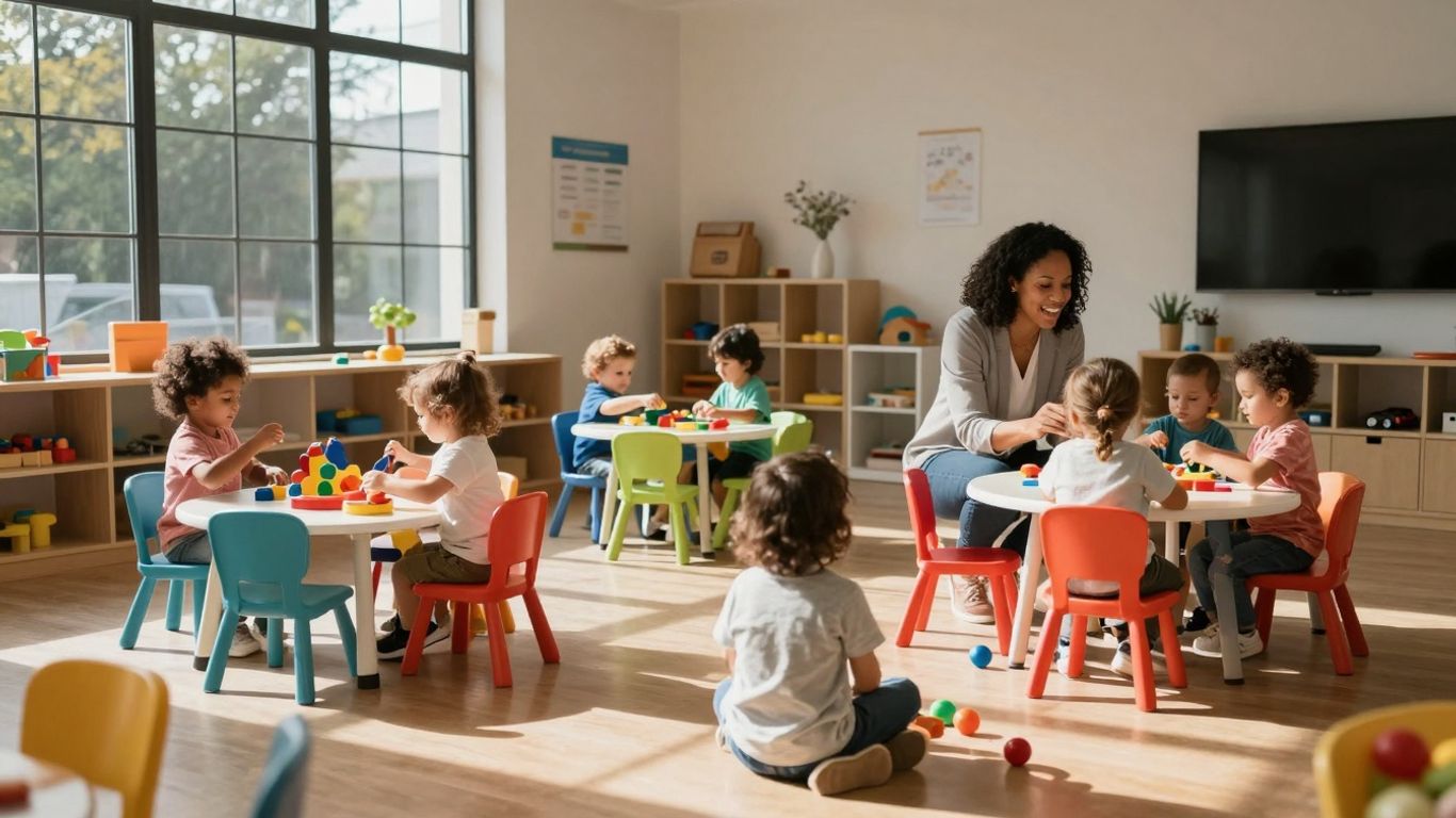 Happy toddlers playing in a bright Edison, NJ daycare classroom.