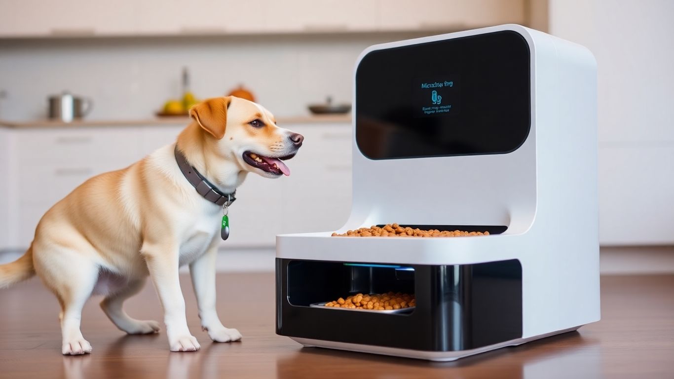 Pet microchip feeder with happy animal nearby.